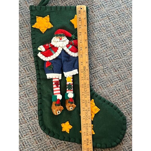 3D Christmas Santa Elf Stocking With Stars & Bear Shoes Green Felt Lined 18" L - Picture 4 of 9